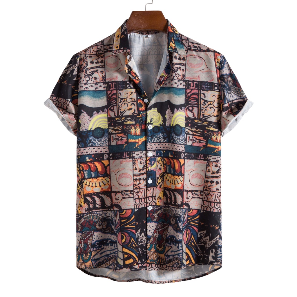 Men's Loose Casual Vintage Ethnic Printed Short Sleeve Shirt Boho ...