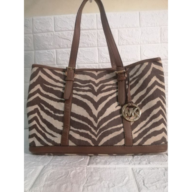 Michael Kors Zebra Printed Cream and Brown Canvas and Leather Tote Bag