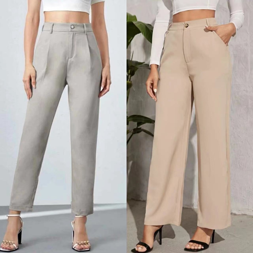 Women Solid Office Pants Slacks StraightWide Leg Capri Pants | Shopee ...