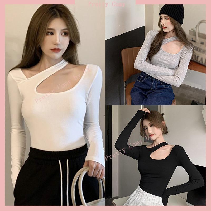 Korean Sexy Tops Long Sleeves Halter Neck Off Shoulder Solid Color ...
