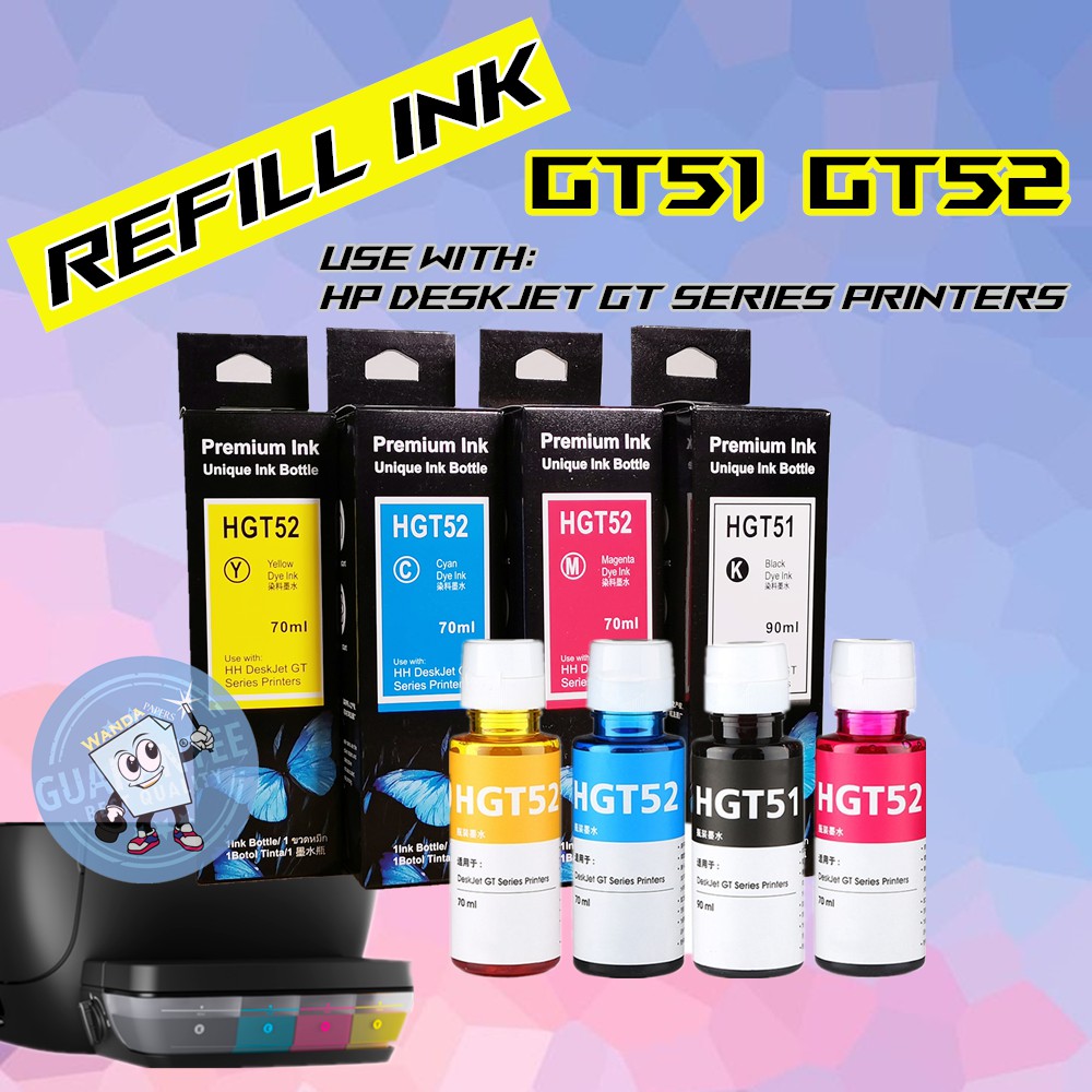 Bundle of CMYK DYE INK Refill Ink Dye Ink GT51 90ml / GT52 70ml for HP ...