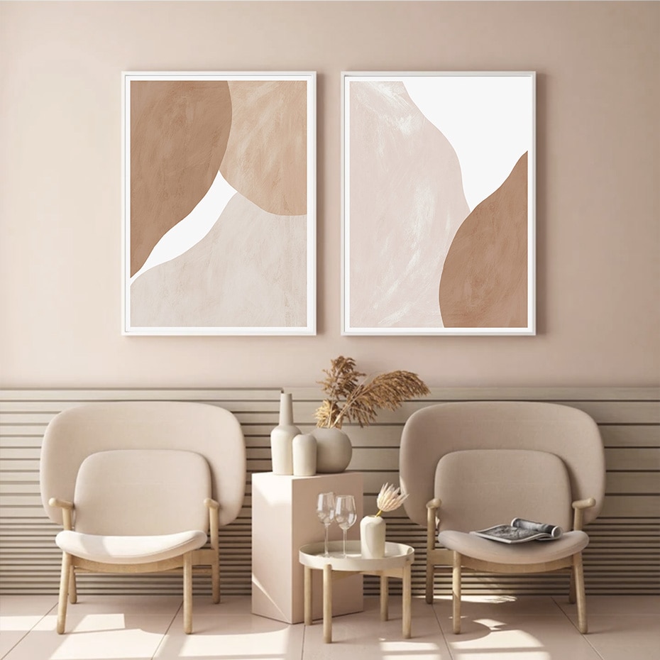 Modern Beige Brown Abstract Geometric Canvas Painting Wall Art Prints ...