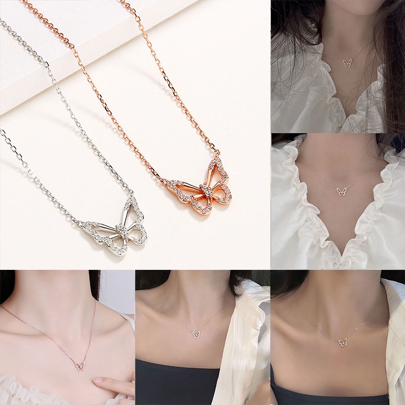 Korean Exquisite Fashion Hollow Butterfly Necklace Female Clavicle Chain  Cute Rhinestone Insect Pendant Necklace