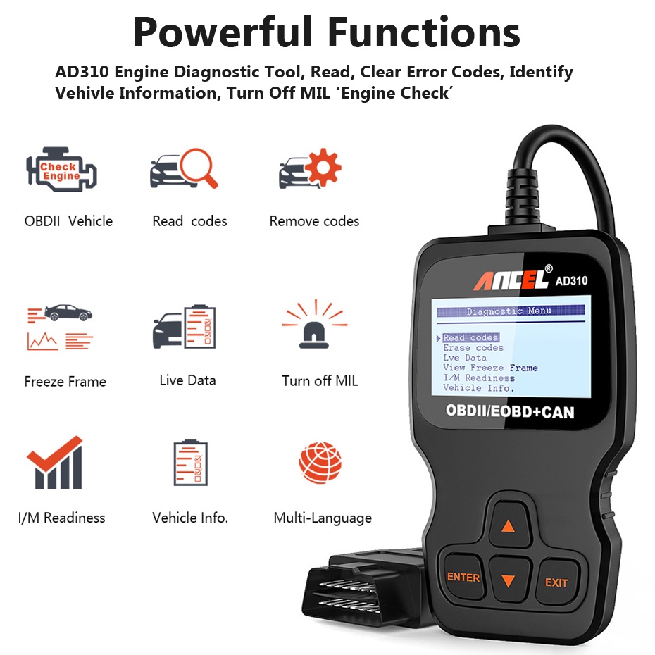 ANCEL AD310 12V Automotive Basic OBD2 Scanner Turn Off Engine Light ...