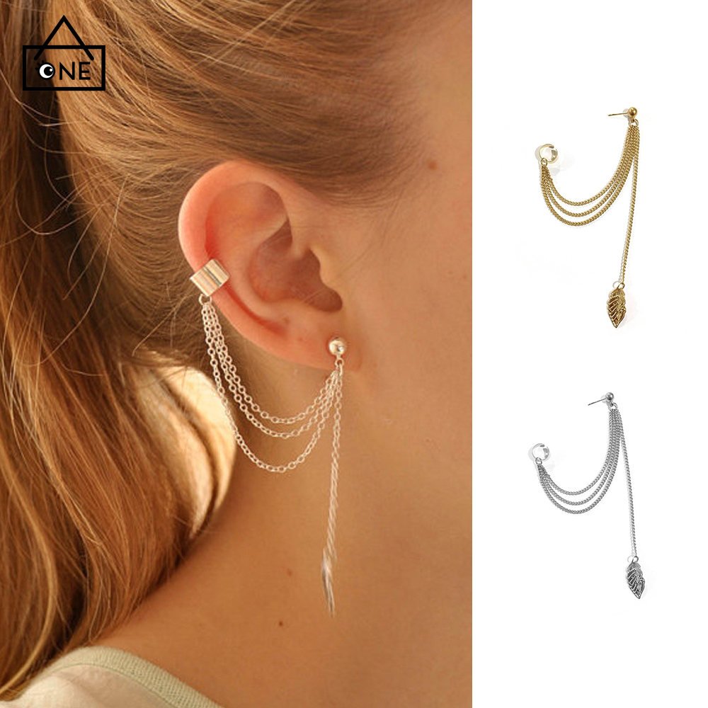 Fashion Women Punk Rock Leaf Chain Tassel Dangle Ear Cuff Wrap