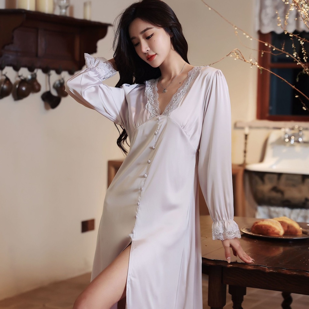 Ice Silk Nightdress Long Lace Sexy Court Nightgown Home Clothes