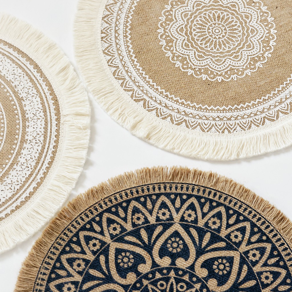 Nordic Moroccan woven tassels table mats, bowls and plates, cotton and