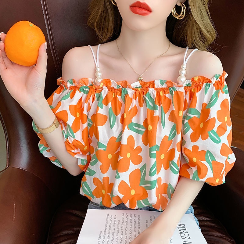 (COD) Ladies Puff Sleeve Sling Top French Off Shoulder Chiffon Shirt Women  Short Sleeve