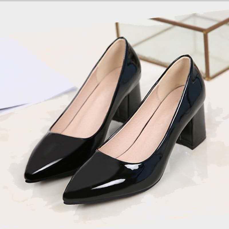 Fashion Office Formal Work Black Glossy Shoes Pointed Toe Block Heels   33dd41b342a34c04620c89456d67cf56