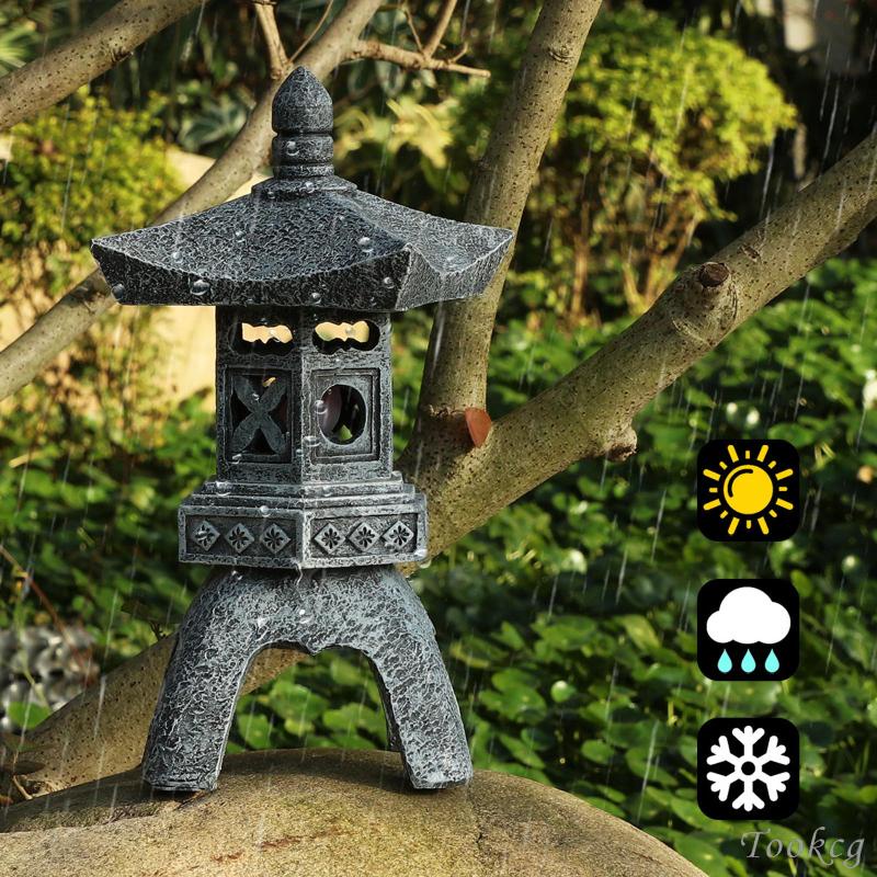 [Tookcg] Solar Pagoda Lantern Outdoor Asian Decor Polyresin Sculpture Garden Statue Stone Finish