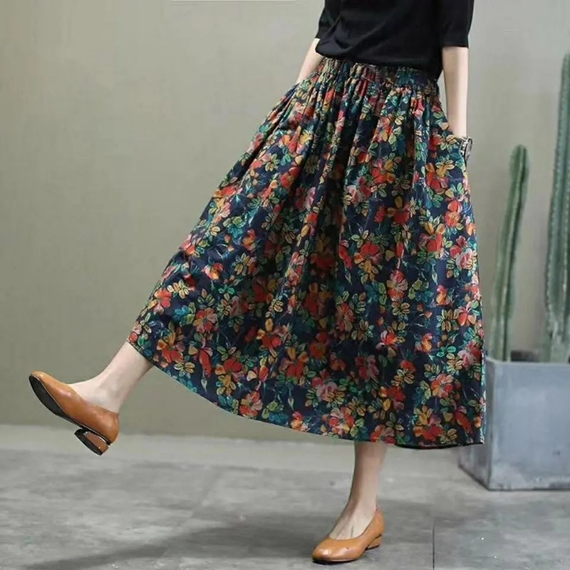 M 4XL Women Retro A line Pocket Midi Skirt Elastic Hight Waist