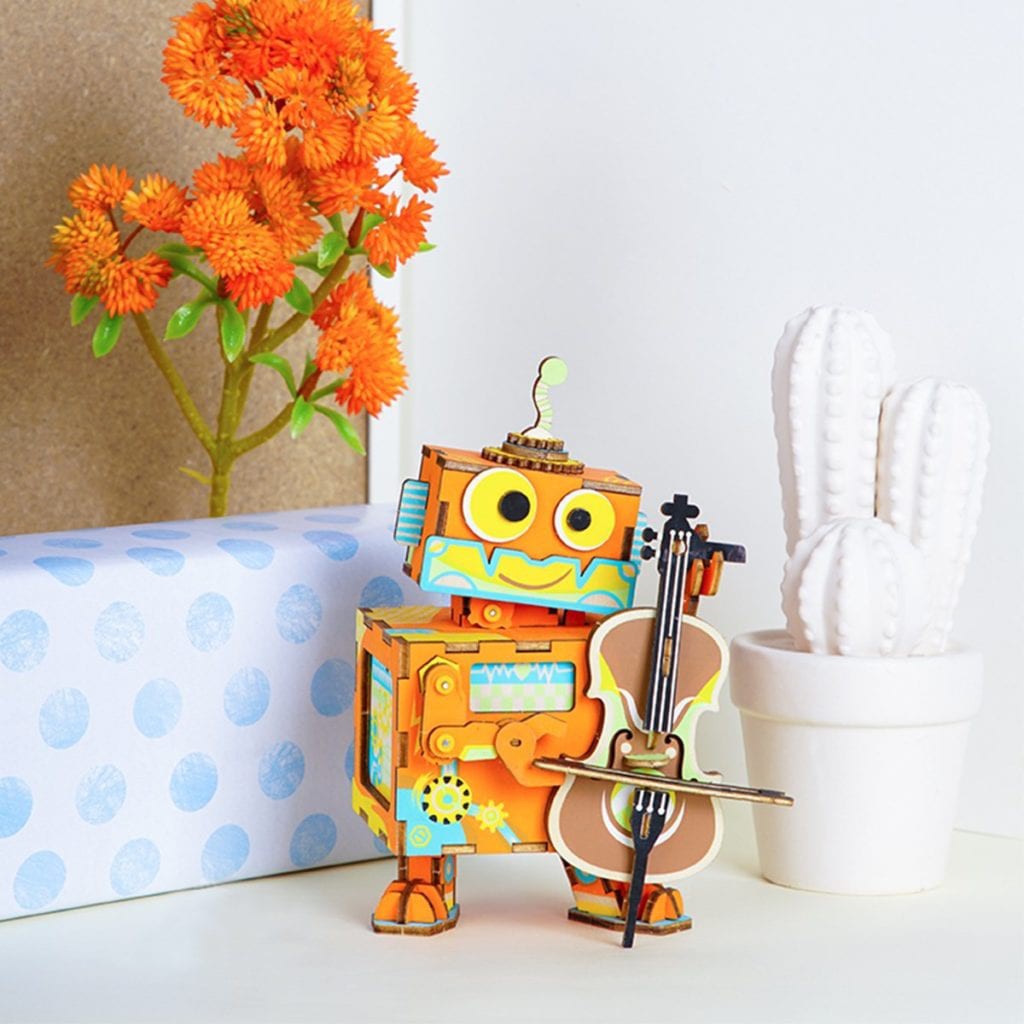 Music Box Assembly Toy Wooden 3D Model Robotime Robot Pulling Guitar ...