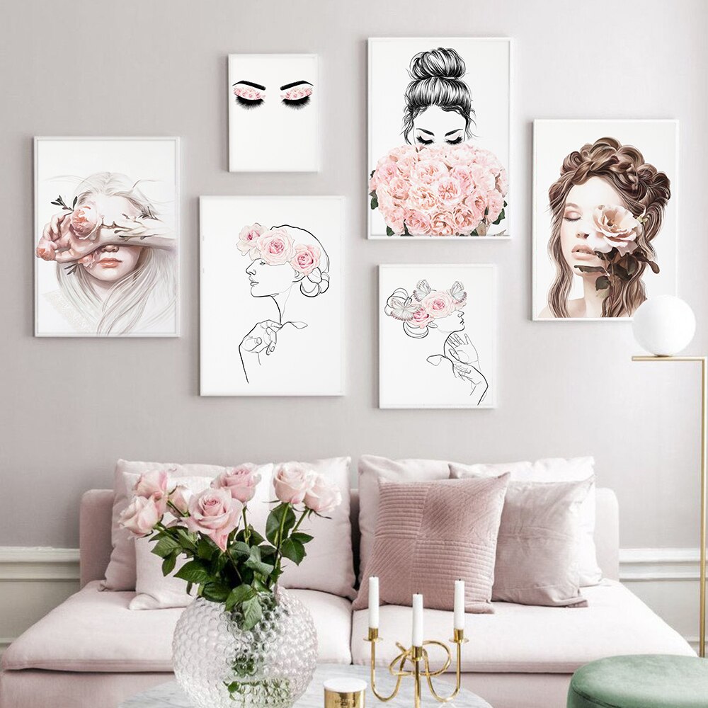 Abstract Flower Woman Face Line Pink Wall Art Canvas Nordic Posters ...