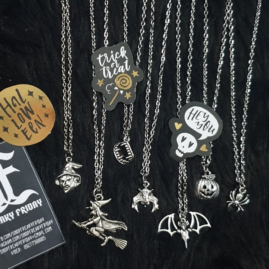 Halloween Set A Charm Chain Necklace - Gothic Punk Spooky Witch Bat ...