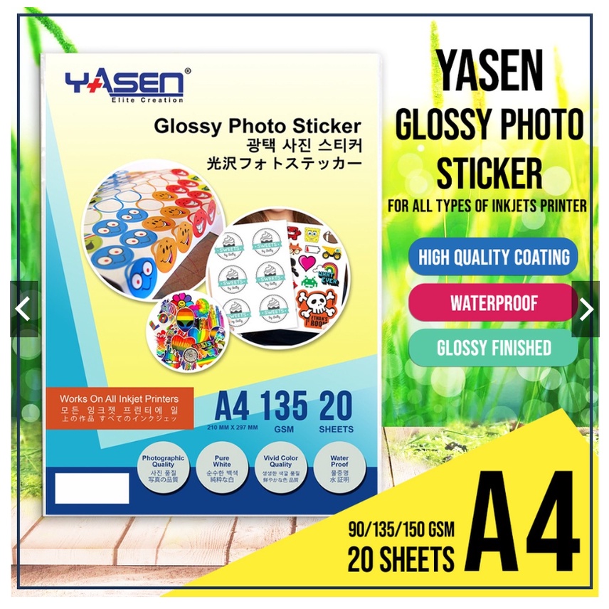 Glossy Photo Sticker Paper 90 | 135 | 150 GSM A4 Size 20 Sheets | Yasen ...