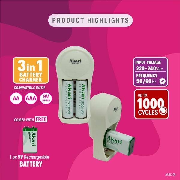 Akari 3 in 1 Rechargeable Battery Charger with free 9V Rechargeable