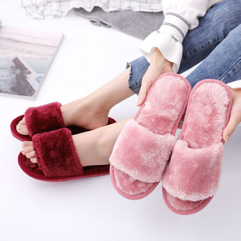 Home Women Shoes Brand Winter Warm Slippers Fur Slides Solid Slip On Female  Indoor Shoes Casual