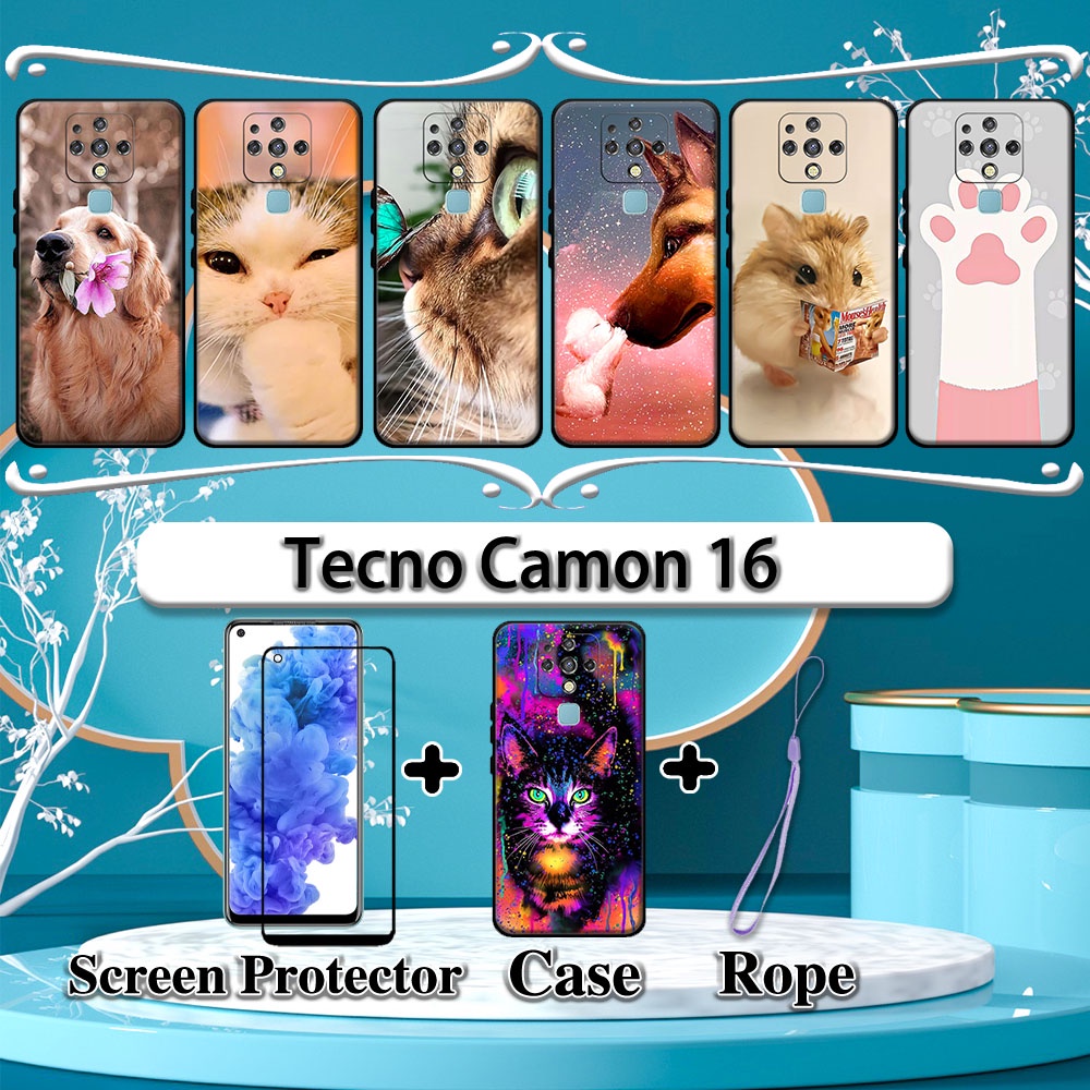 2 IN 1 Tecno Camon 16 Case with Tempered Glass Curved Ceramic Screen Protector Cat and Dog