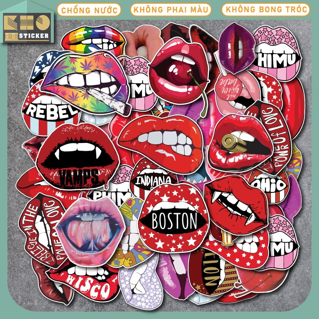 Combo of 50 waterproof Lips stickers for laptops, phones, guitars ...