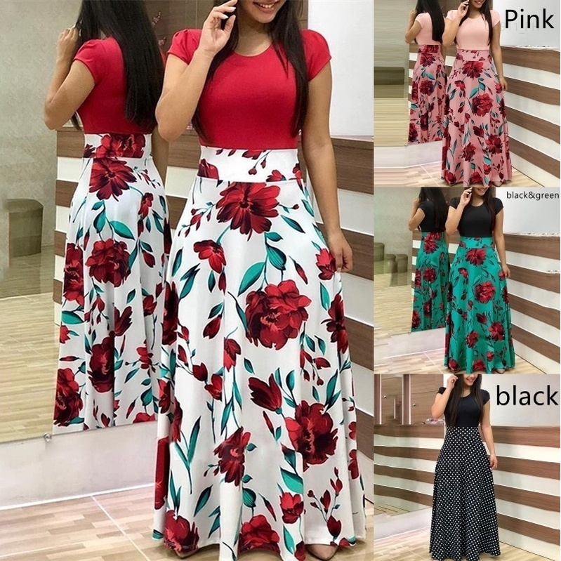 Women Fashion Floral Maxi Dress Short Sleeve Long Dress Shopee Philippines
