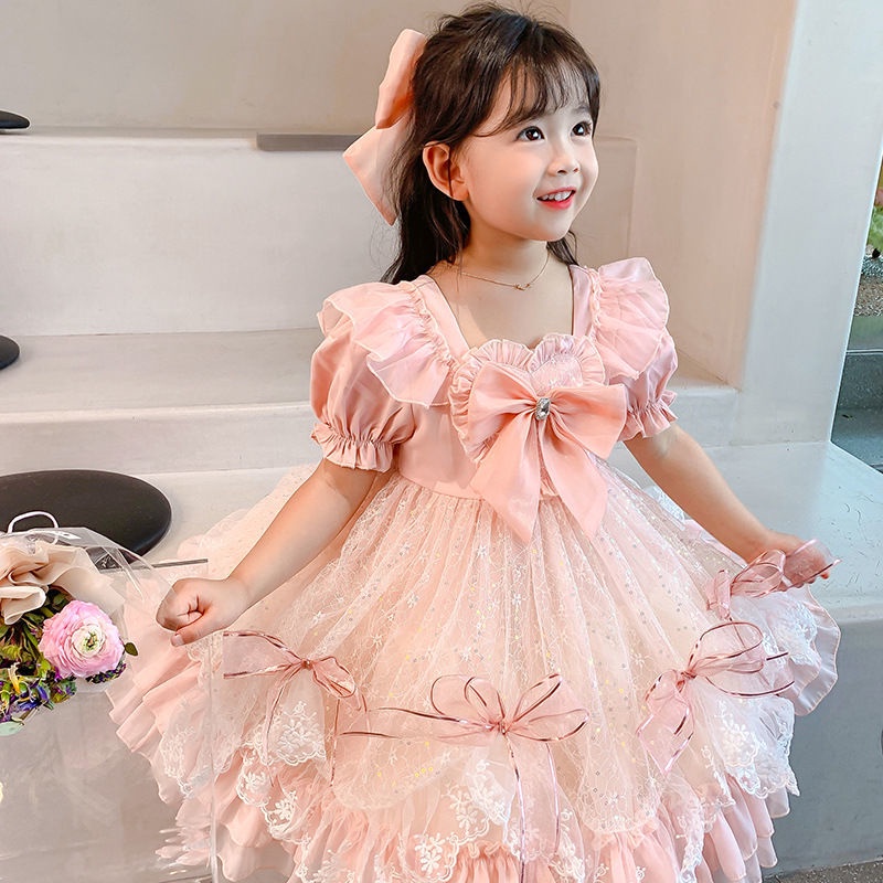 Hot sale Girls Summer Lolita Dress Children Girl Baby Love Bowknot Mesh Lace Heavy Industry Western Style Shopee Philippines