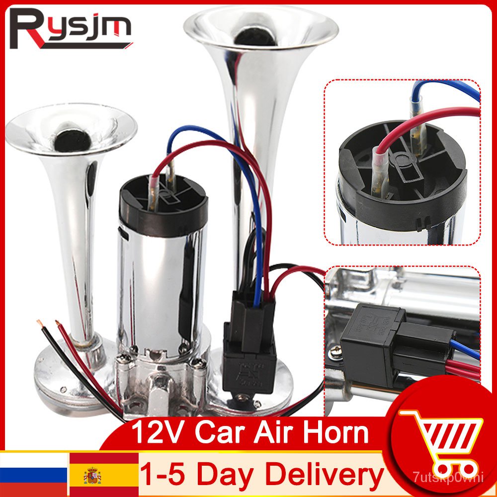 jdsHD 12V Car Air Horn Electric Horn Double Tubes Air Horn Universal