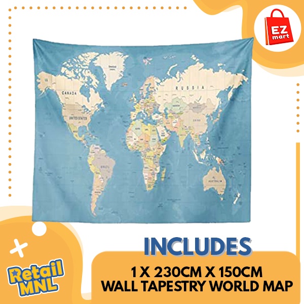 Retailmnl 230cm x 150cm World Map Tapestry Wall Hanging Map For Bedroom