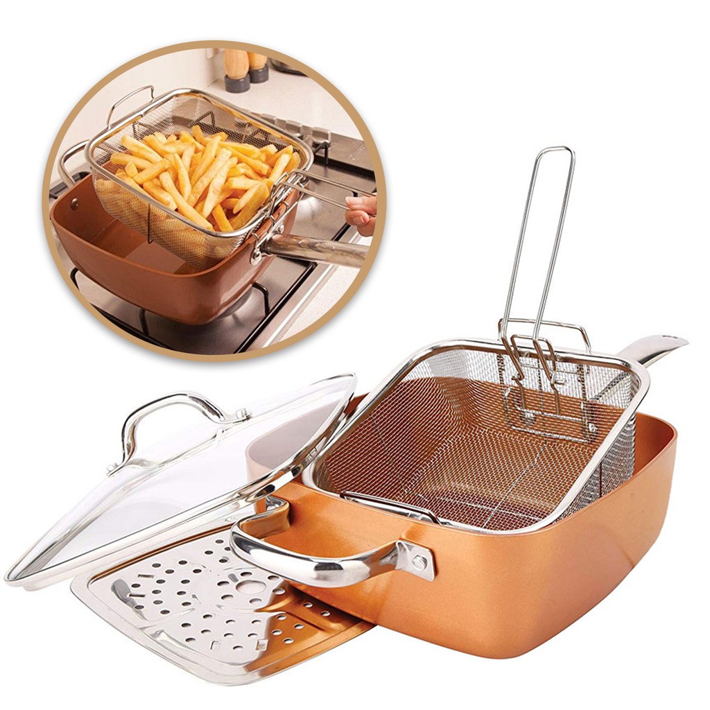 9.5 Inch Copper Nonstick Square Deep Fry Pan with Chip Frying Basket  Steamer