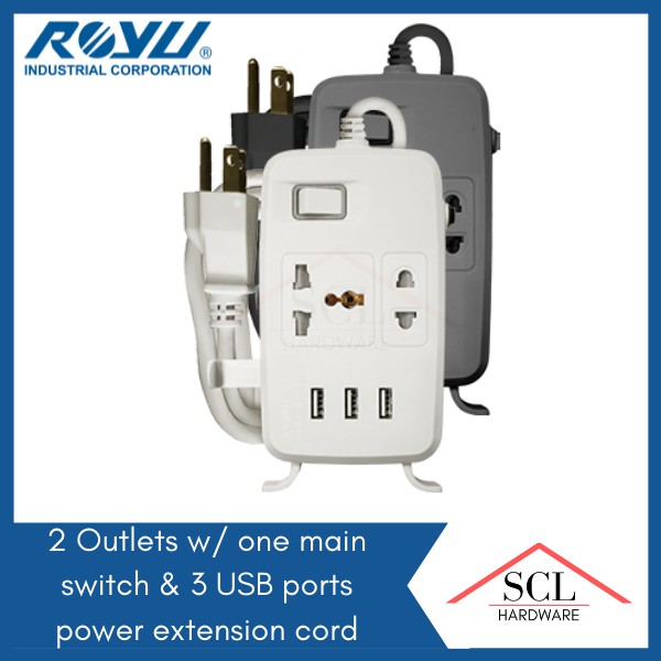 ROYU Power Extension Cord One Main Switch & 3 USB Ports (2 Gang ...