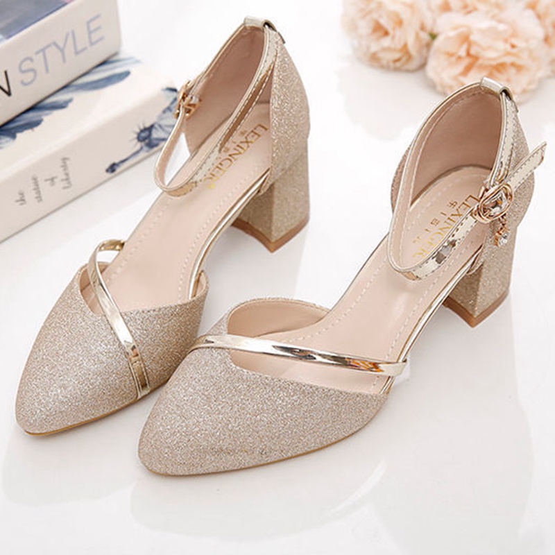 Bride Sandals For Wedding Korean Thick Heel One Strap Buckle Elegant ...