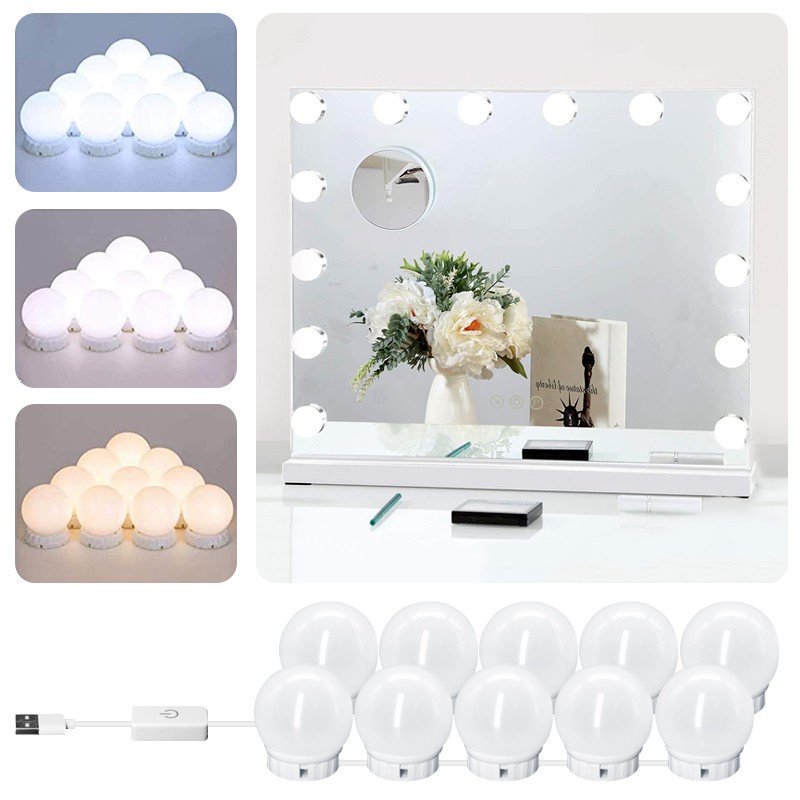 10 LED Bulb Makeup Mirror Light Bulbs Dimmable 3 Mode USB Plug LED