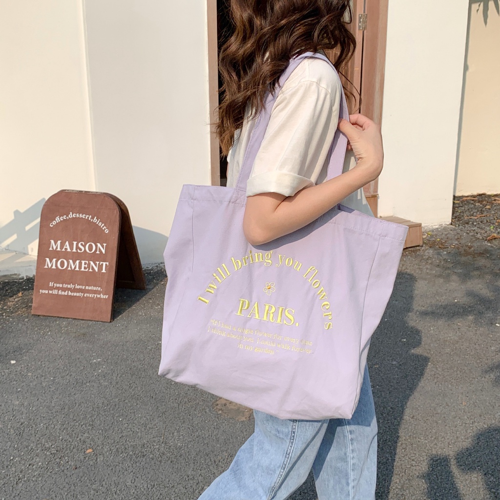 Women Canvas Tote Bag PARIS Letter Embroidery Shoulder Bags Female Casual  Travel Handbags Cotton Cloth Large Capacity Shopping Book Bag