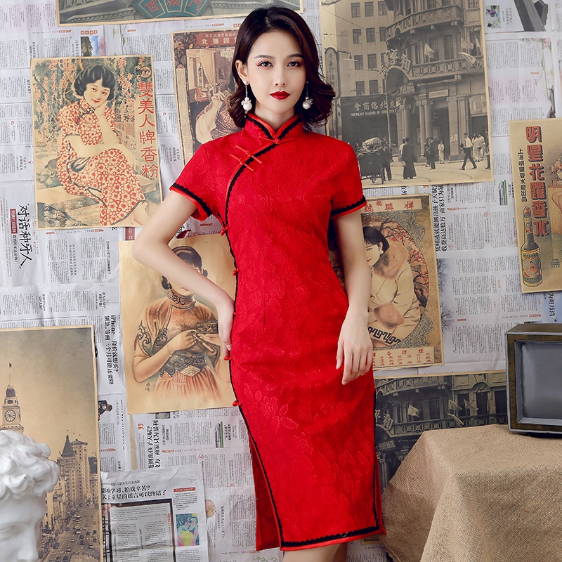 Chinese style long fuchsia, red or green cheongsam