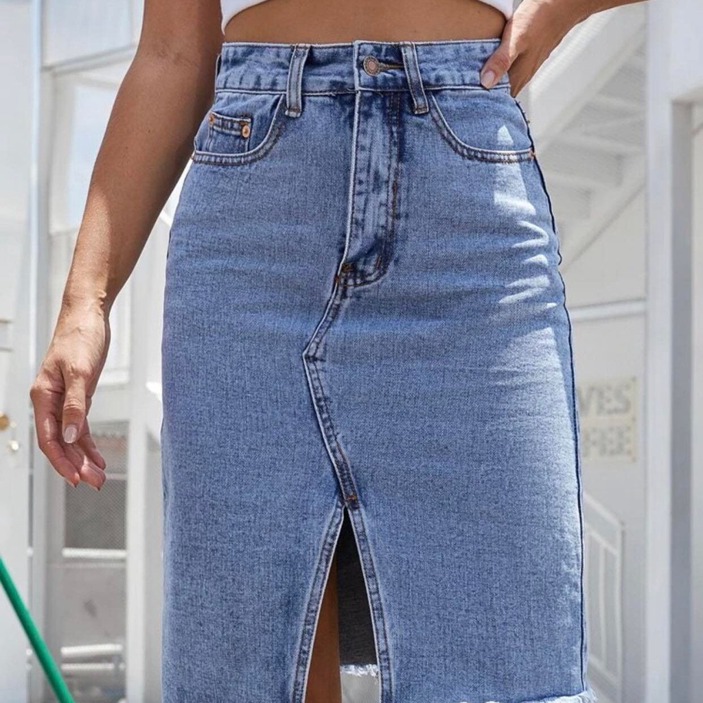 Maong Skirt Plain slit W/ Zipper High Waisted Denim Skirt for Women
