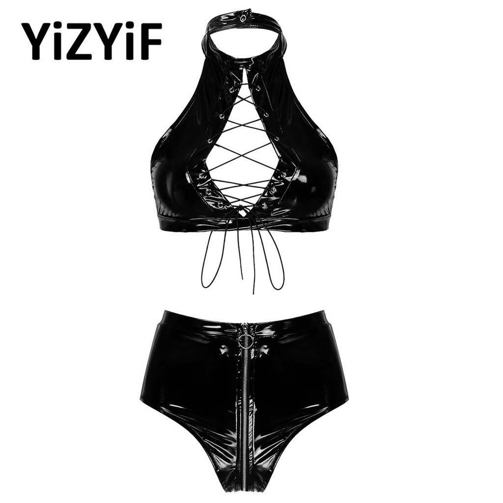 Women Sexy Wetlook Lingerie Set Patent Leather Latex Halter Crop Topandzipper Crotch Panties 8174