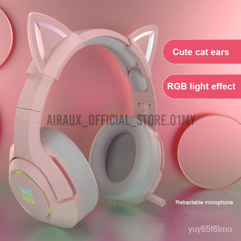 ONIKUMA New Gaming Headset Pink Cat Ear RGB Light PC Gamer Girl Gaming
