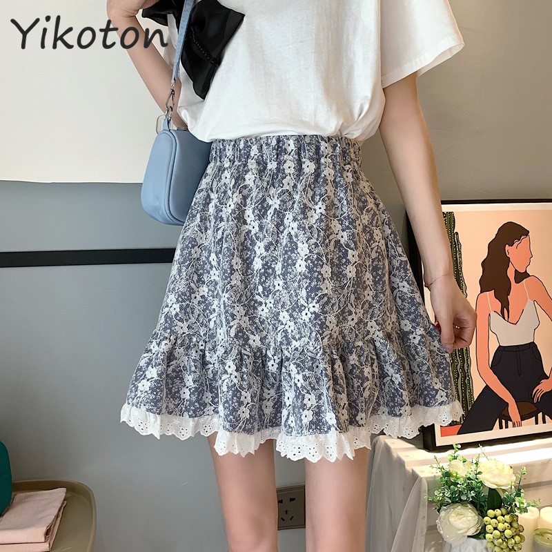 High Waist Lace Skirt Women Clothing Sexy A Line Flower Mini Skirt Korean  Elegant Skirts Chic New Su