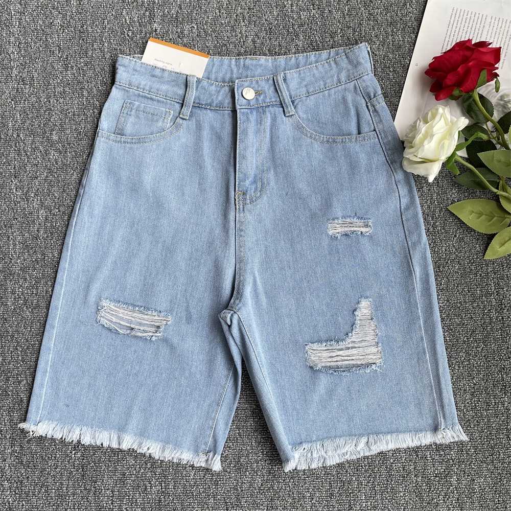 Ladies Frayed Denim Shorts TikTok High-Waist Five-Point Jeans | Shopee ...