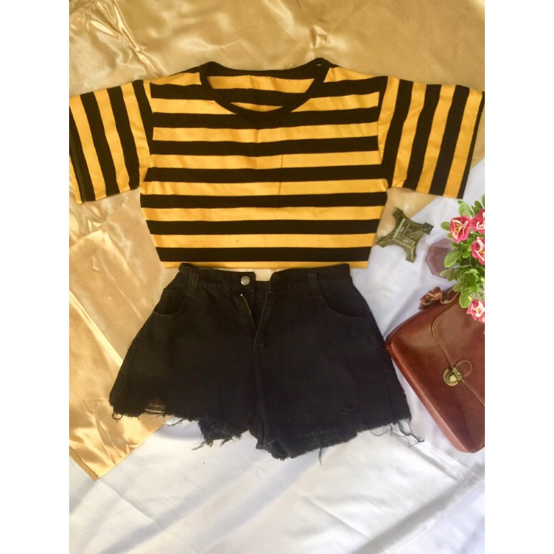 Yellow Crop Top - Short Sleeve Top - Yellow Striped Crop Top