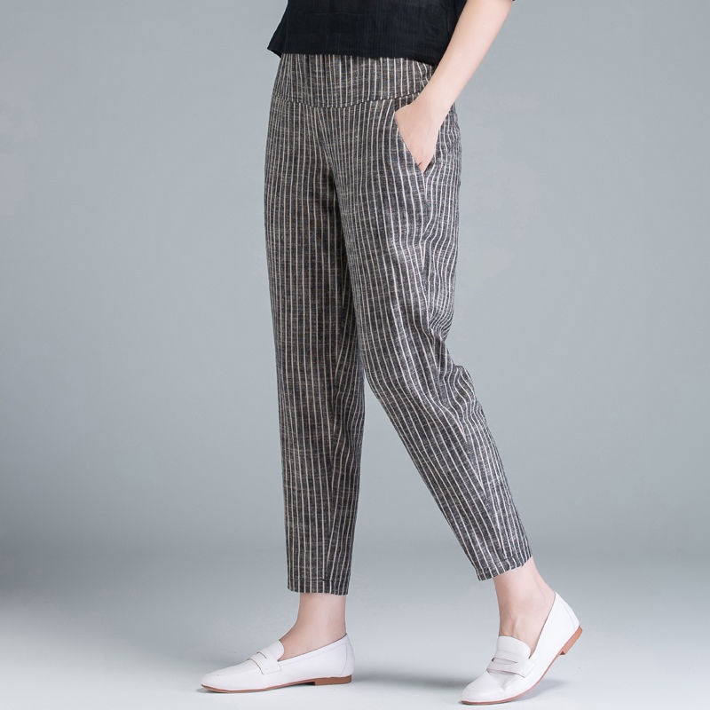Cotton Linen Harem Pants Women's Summer Korean Style Loose Striped High ...