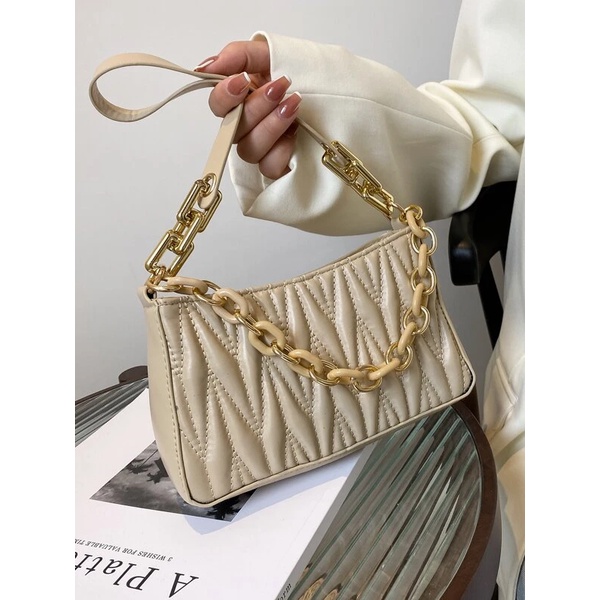 Quilted Pattern Chain Decor Square Bag - Khaki