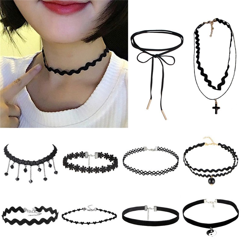 HW Women Black Lace Choker Punk Gothic Vintage Velvet Leather Necklace ...