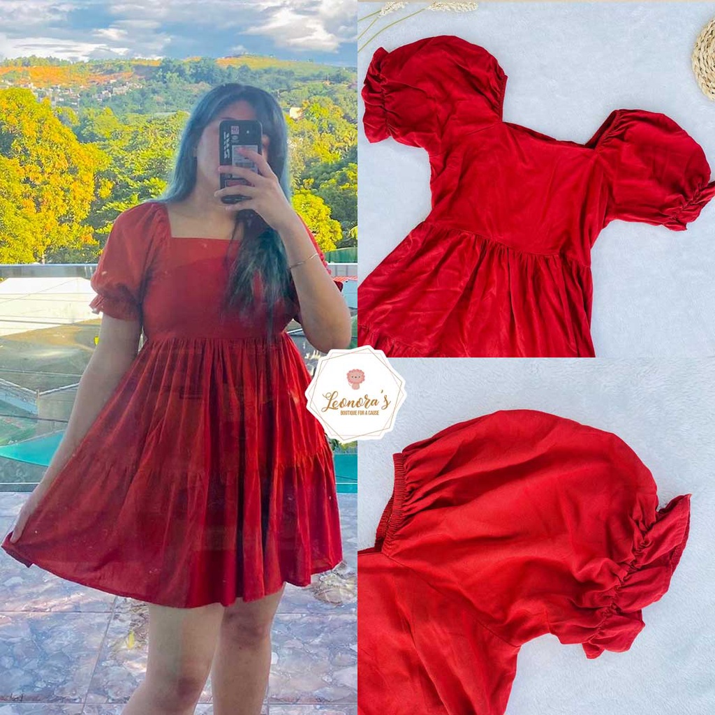 JANE Challis Soft Cotton Mini Dress Square Neck Ruffled Puff Sleeves ...