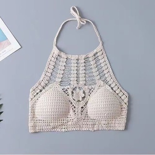 New Handmade Knit Bra for Women Beach Wear Crochet Bikini Crop Top Halter  Backless Swimwear Outfit