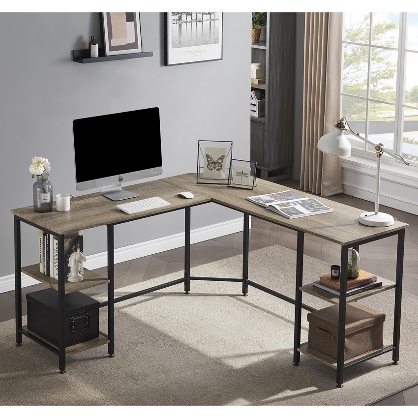 L shaped computer desk home office table with shelf desk metal