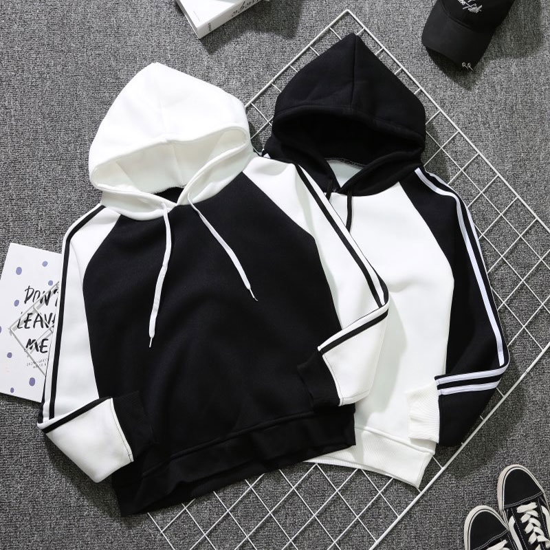 Women Unisex Stripe Stitching Hoodie Jacket Korean Fashion Couple