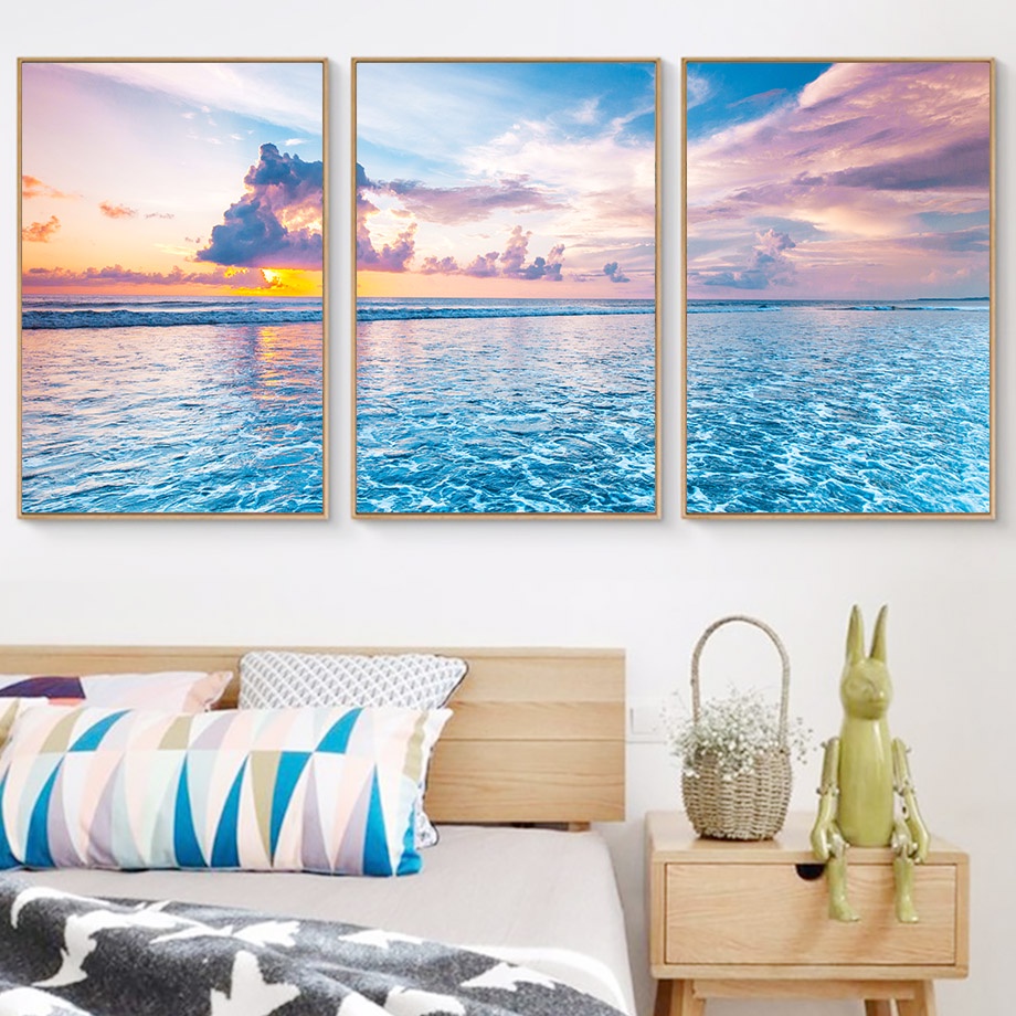 Blue Sea Sunrise Waves Cloud Wall Art Canvas Painting Posters And ...
