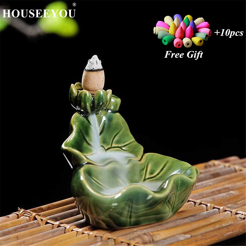 Green Lotus Backflow Incense Burner Glaze Ceramic Stick Incense Holder