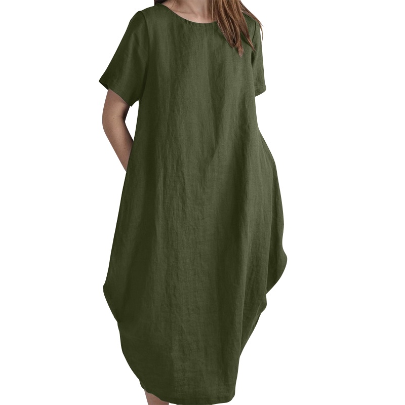 Front Box Pleated Calf length Cotton Dress