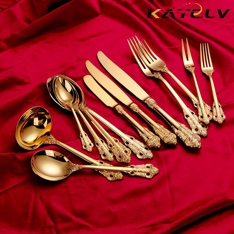 Katelv Food Grade 304 Stainless Steel Gold Plated Tableware Reusable Cutlery Set Hotel 3329